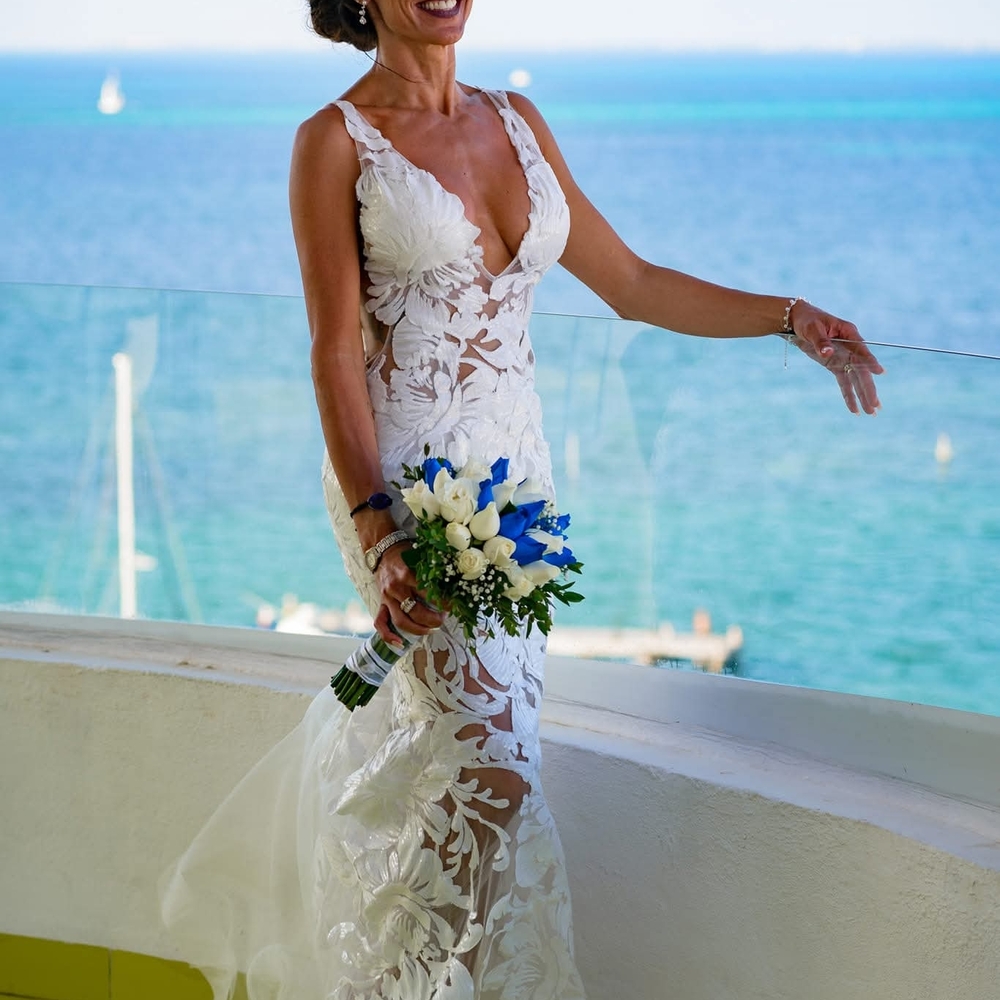 Jovani White Lace Sheath Wedding Dress with Floral Appliqué